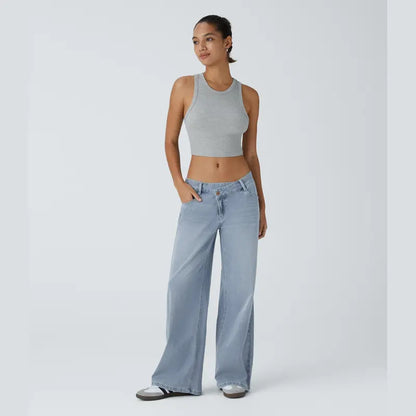 Asymmetric Low Rise Zipper Pockets Baggy Wide Leg Washed Casual Jeans