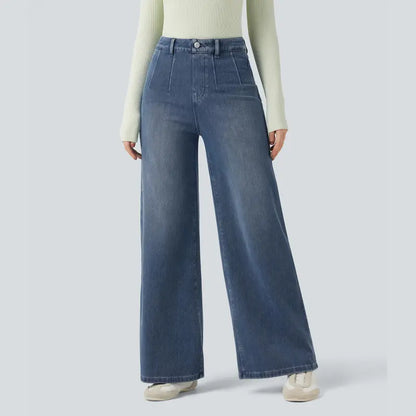 Waisted Tummy Control Wide Leg Casual Jeans with Pockets
