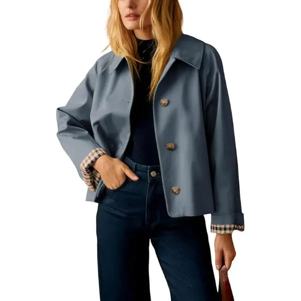 Back‑to‑School, Women's Cropped Trench Coat, Classic Collar, Oversized Casual Jacket with Checkered Lining