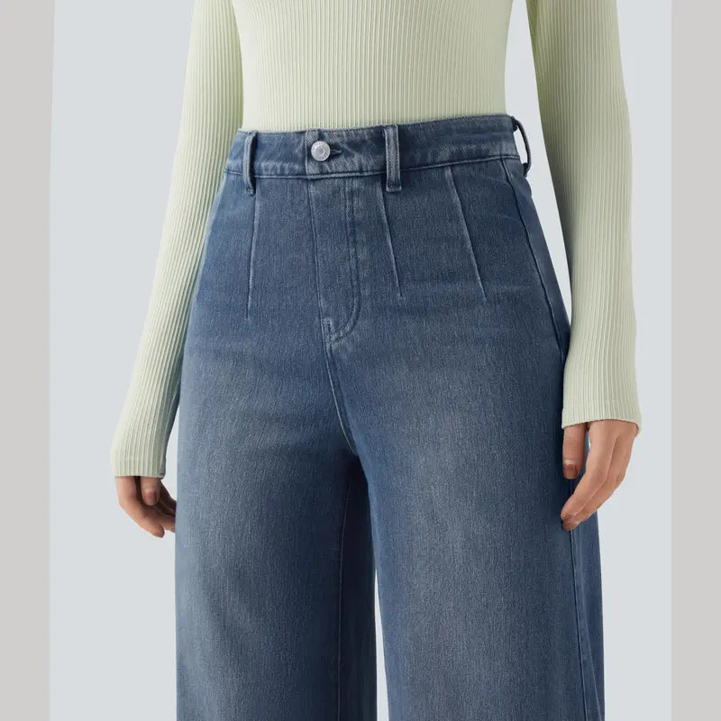 Waisted Tummy Control Wide Leg Casual Jeans with Pockets