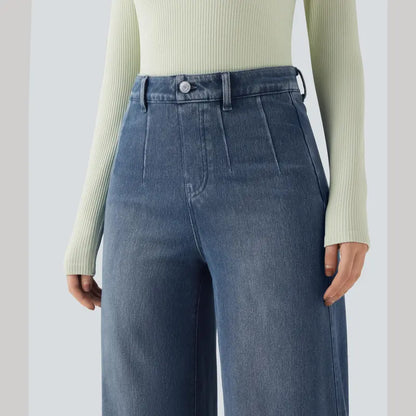 Waisted Tummy Control Wide Leg Casual Jeans with Pockets