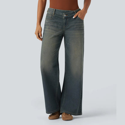Asymmetric Low Rise Zipper Pockets Baggy Wide Leg Washed Casual Jeans