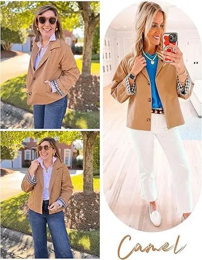Back‑to‑School, Women's Cropped Trench Coat, Classic Collar, Oversized Casual Jacket with Checkered Lining
