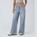 Asymmetric Low Rise Zipper Pockets Baggy Wide Leg Washed Casual Jeans