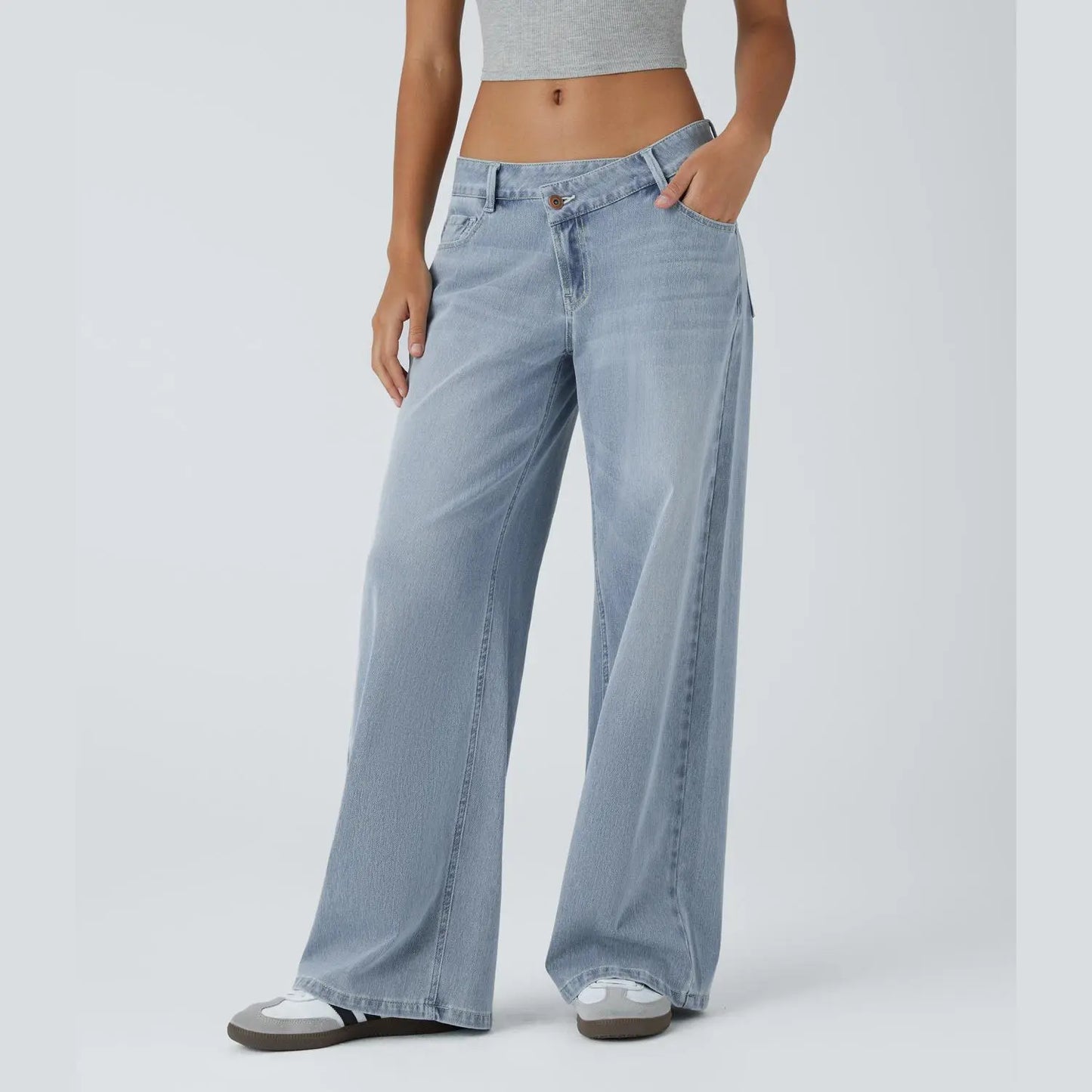 Asymmetric Low Rise Zipper Pockets Baggy Wide Leg Washed Casual Jeans