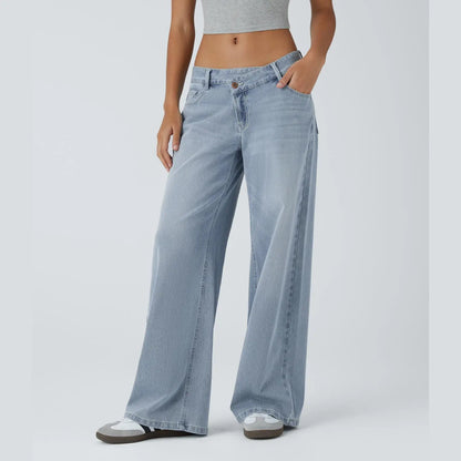 Asymmetric Low Rise Zipper Pockets Baggy Wide Leg Washed Casual Jeans