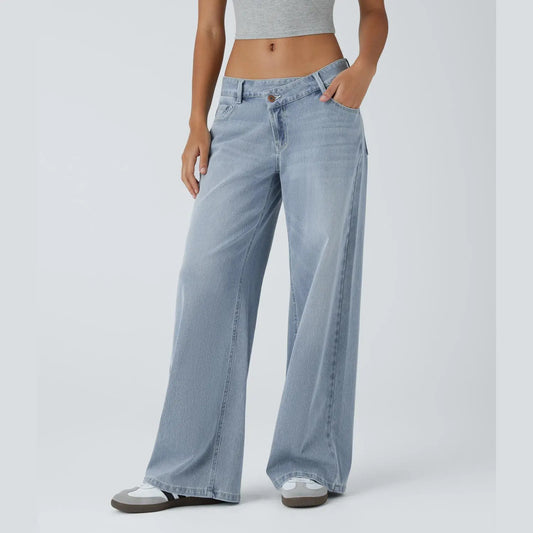 Asymmetric Low Rise Zipper Pockets Baggy Wide Leg Washed Casual Jeans
