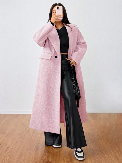 This long wool coat features casual lapels. Warm and comfortable, it is a must‑have for everyday wear, office outfits and the back‑to‑school season.