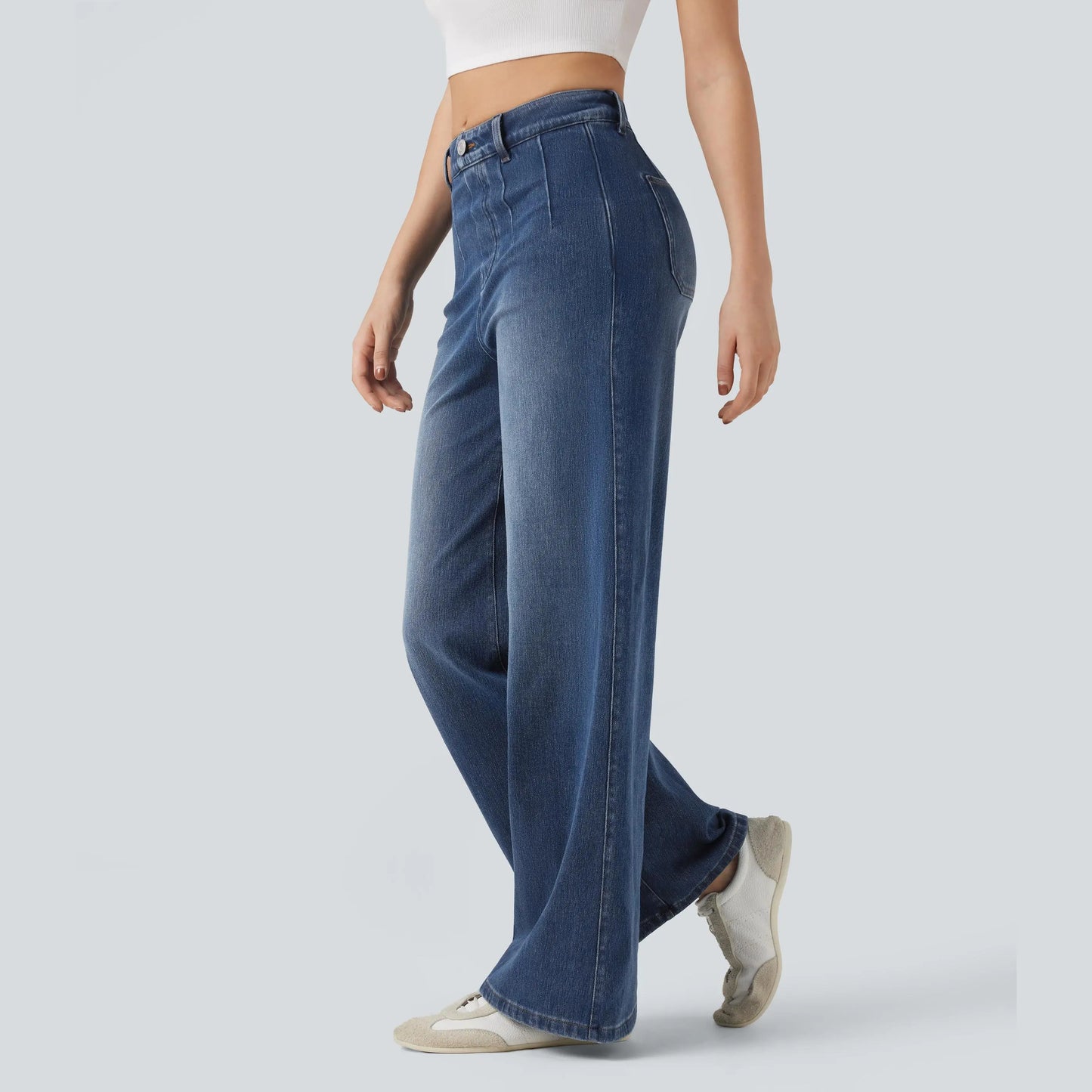 Waisted Tummy Control Wide Leg Casual Jeans with Pockets