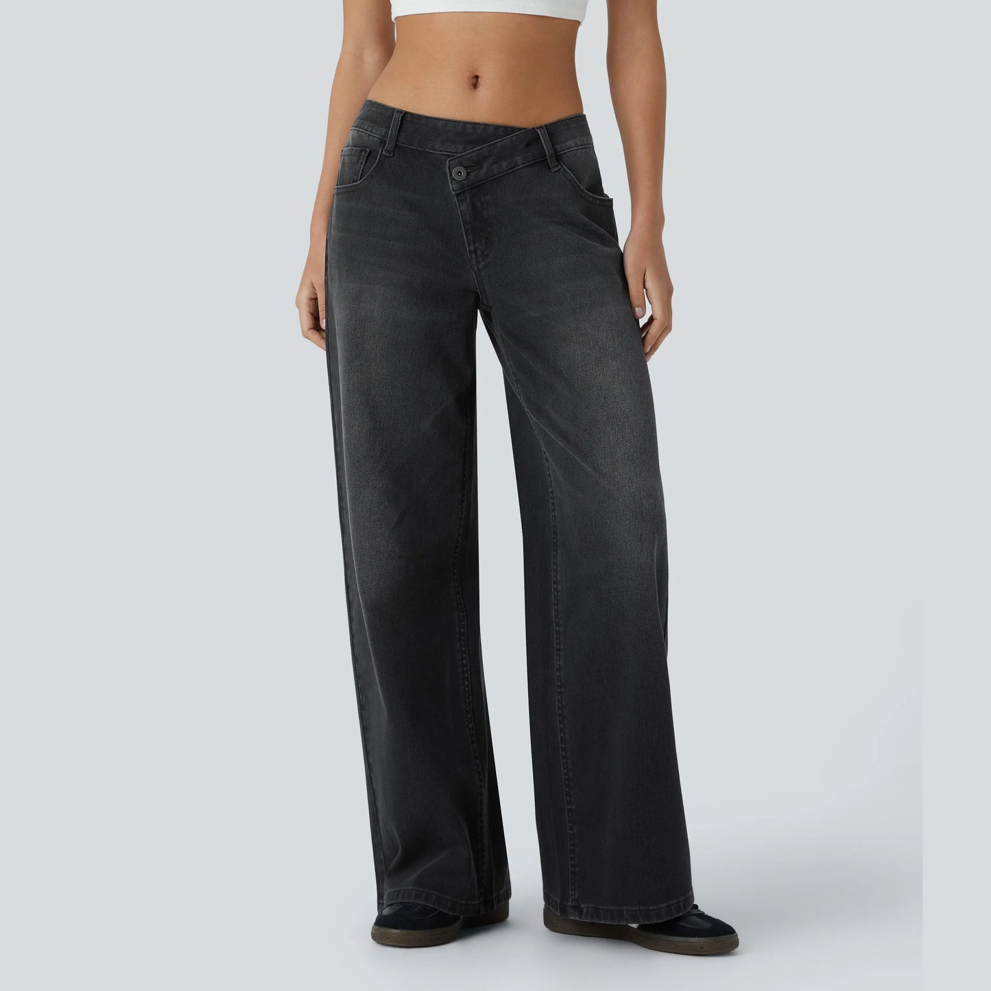 Asymmetric Low Rise Zipper Pockets Baggy Wide Leg Washed Casual Jeans