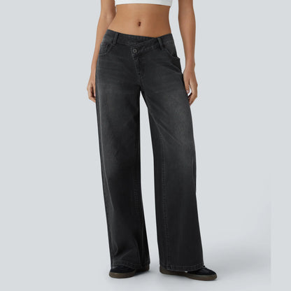 Asymmetric Low Rise Zipper Pockets Baggy Wide Leg Washed Casual Jeans