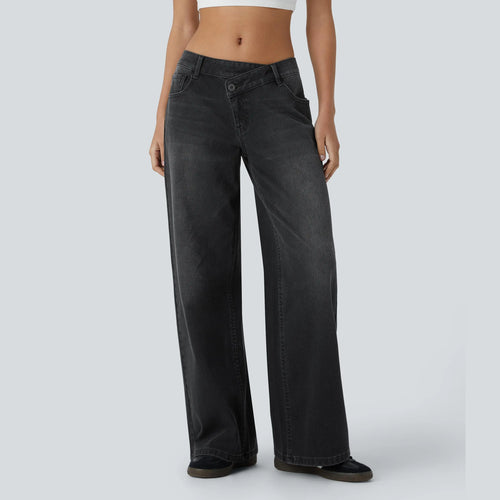 Asymmetric Low Rise Zipper Pockets Baggy Wide Leg Washed Casual Jeans