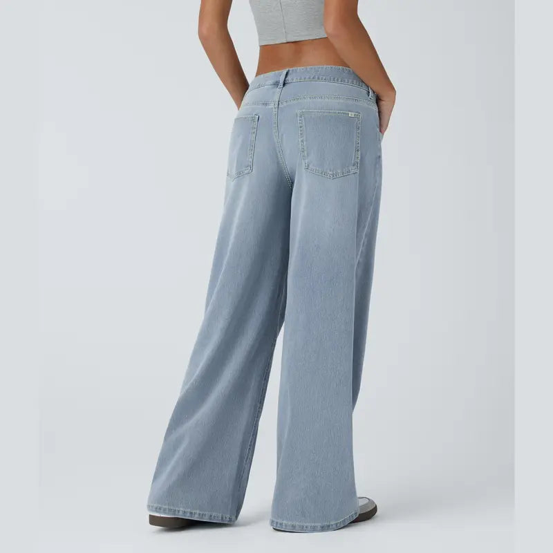 Asymmetric Low Rise Zipper Pockets Baggy Wide Leg Washed Casual Jeans