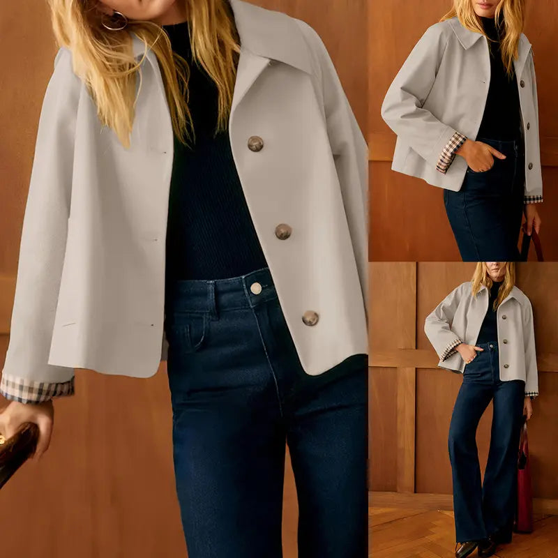 Back‑to‑School, Women's Cropped Trench Coat, Classic Collar, Oversized Casual Jacket with Checkered Lining