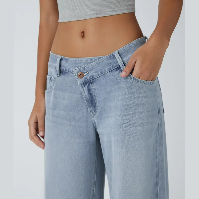 Asymmetric Low Rise Zipper Pockets Baggy Wide Leg Washed Casual Jeans