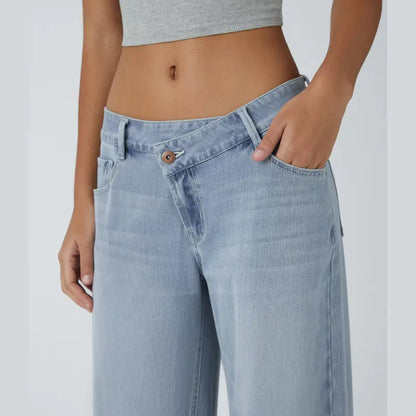 Asymmetric Low Rise Zipper Pockets Baggy Wide Leg Washed Casual Jeans