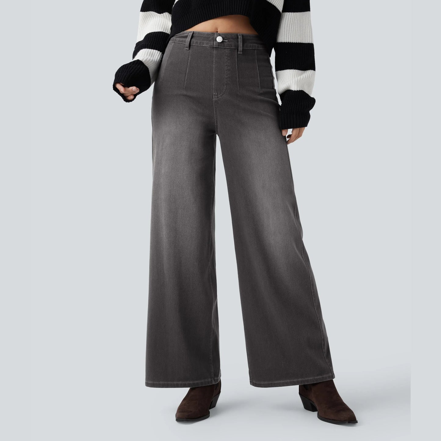 Waisted Tummy Control Wide Leg Casual Jeans with Pockets