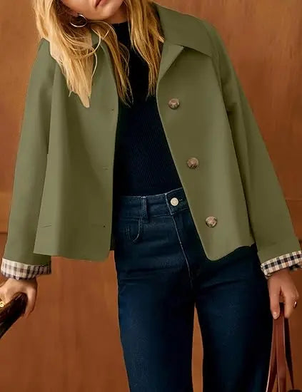 Back‑to‑School, Women's Cropped Trench Coat, Classic Collar, Oversized Casual Jacket with Checkered Lining