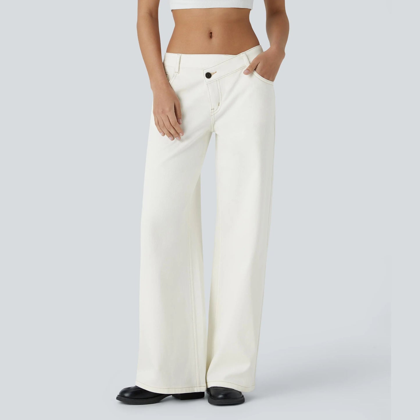 Asymmetric Low Rise Zipper Pockets Baggy Wide Leg Washed Casual Jeans