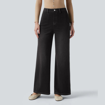 Waisted Tummy Control Wide Leg Casual Jeans with Pockets