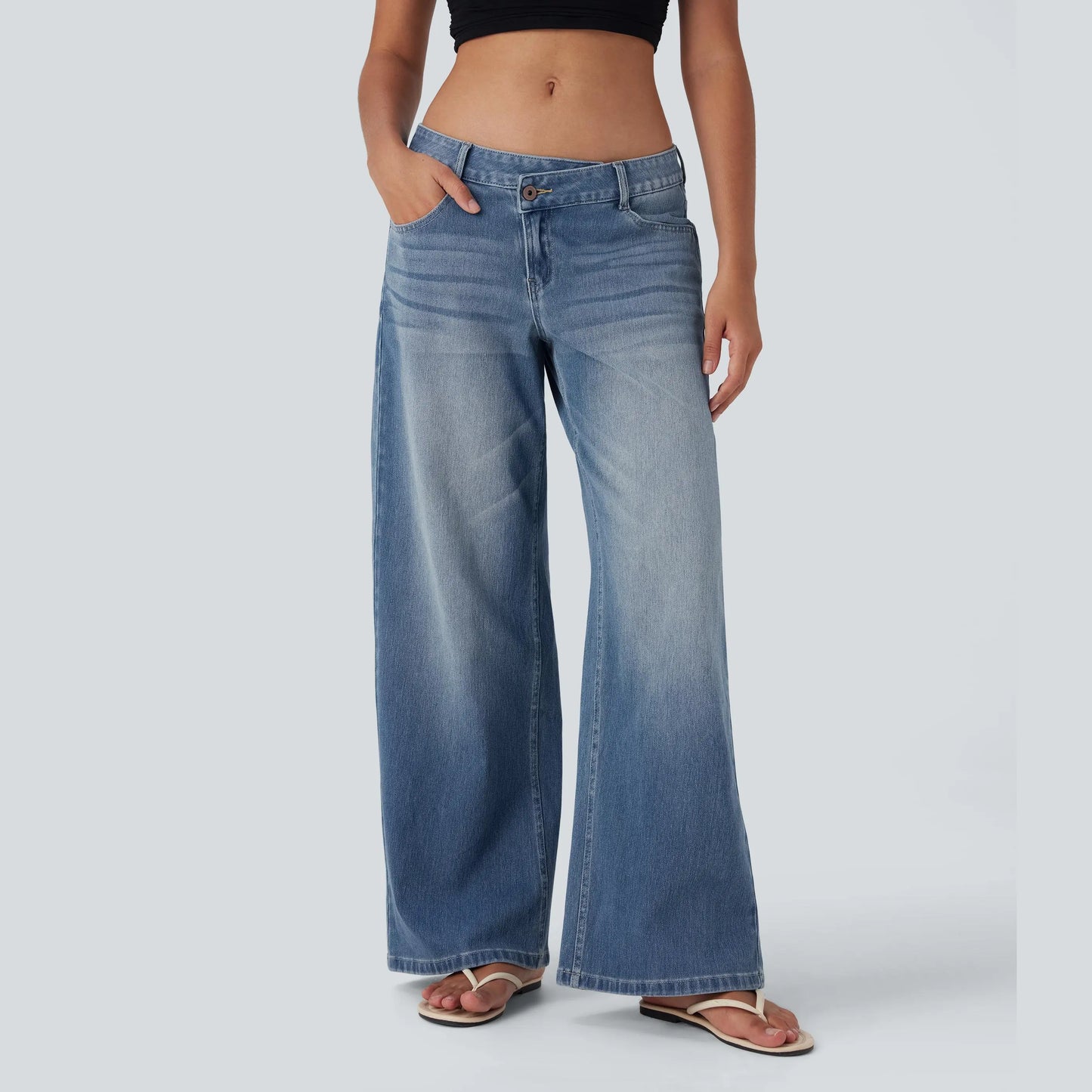 Asymmetric Low Rise Zipper Pockets Baggy Wide Leg Washed Casual Jeans