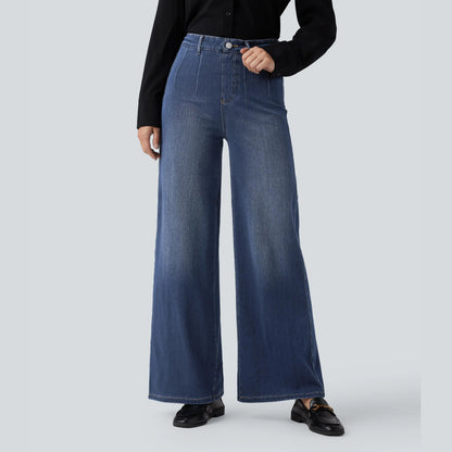 Waisted Tummy Control Wide Leg Casual Jeans with Pockets