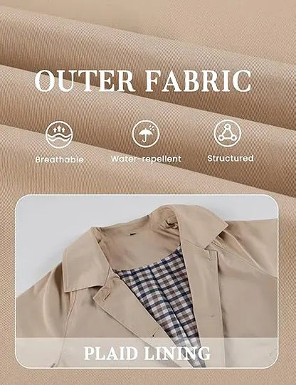 Back‑to‑School, Women's Cropped Trench Coat, Classic Collar, Oversized Casual Jacket with Checkered Lining
