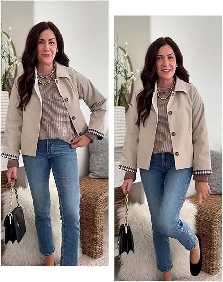 Back‑to‑School, Women's Cropped Trench Coat, Classic Collar, Oversized Casual Jacket with Checkered Lining