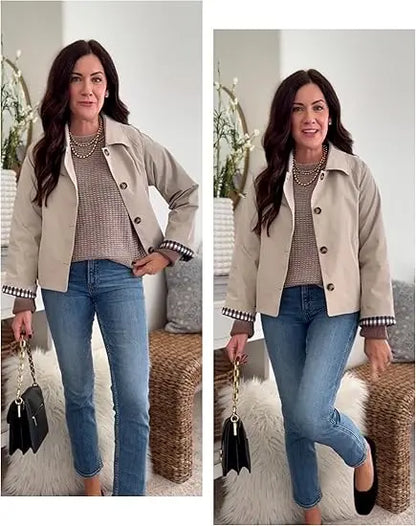 Back‑to‑School, Women's Cropped Trench Coat, Classic Collar, Oversized Casual Jacket with Checkered Lining