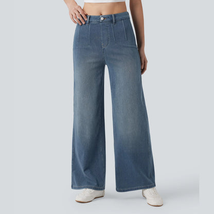 Waisted Tummy Control Wide Leg Casual Jeans with Pockets