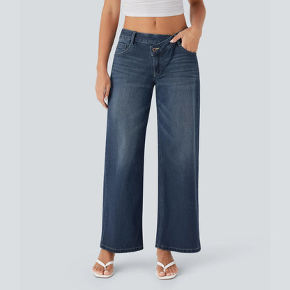 Asymmetric Low Rise Zipper Pockets Baggy Wide Leg Washed Casual Jeans