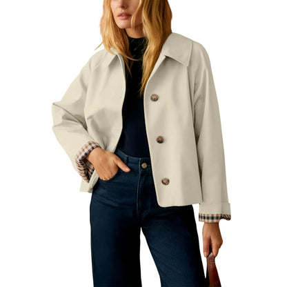 Back‑to‑School, Women's Cropped Trench Coat, Classic Collar, Oversized Casual Jacket with Checkered Lining