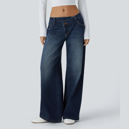Asymmetric Low Rise Zipper Pockets Baggy Wide Leg Washed Casual Jeans