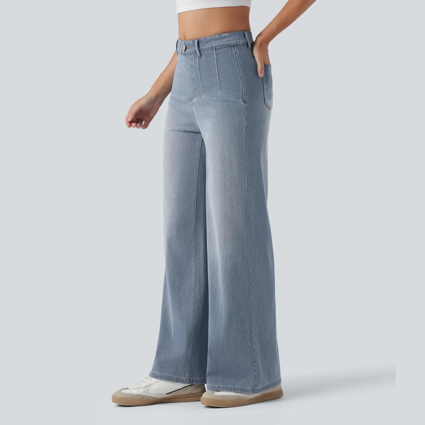 Waisted Tummy Control Wide Leg Casual Jeans with Pockets