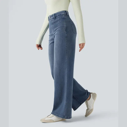 Waisted Tummy Control Wide Leg Casual Jeans with Pockets