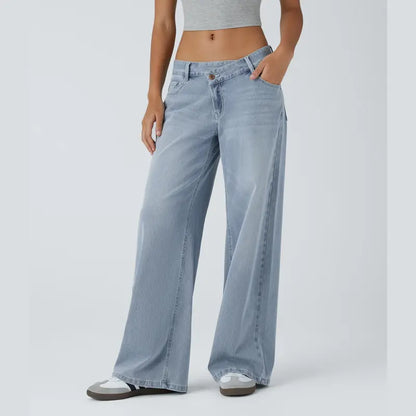 Asymmetric Low Rise Zipper Pockets Baggy Wide Leg Washed Casual Jeans