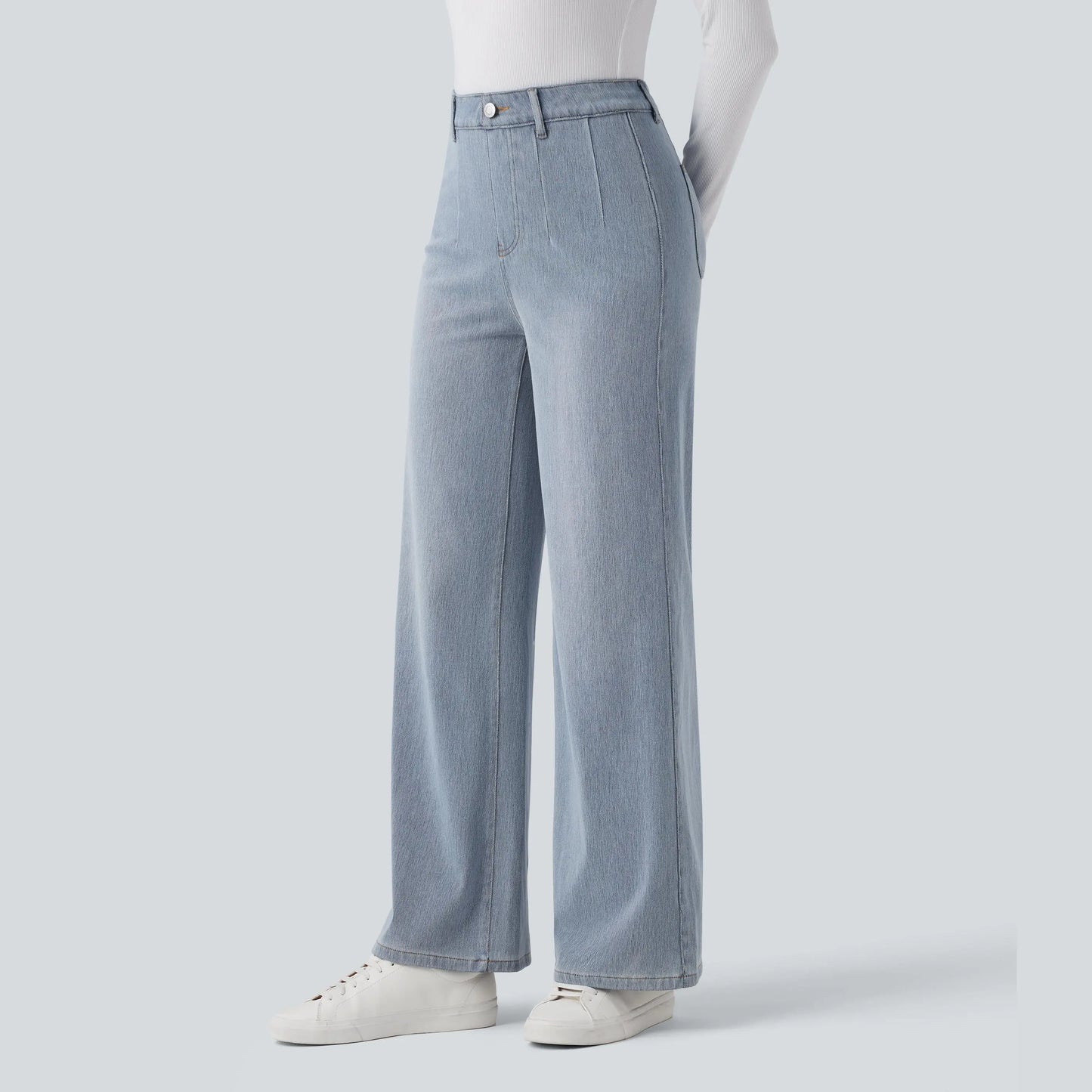 Waisted Tummy Control Wide Leg Casual Jeans with Pockets