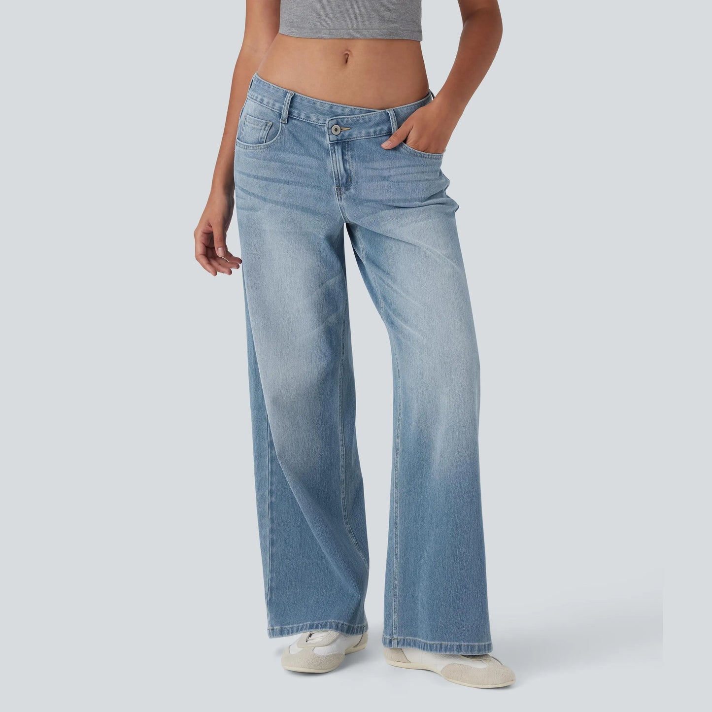Asymmetric Low Rise Zipper Pockets Baggy Wide Leg Washed Casual Jeans