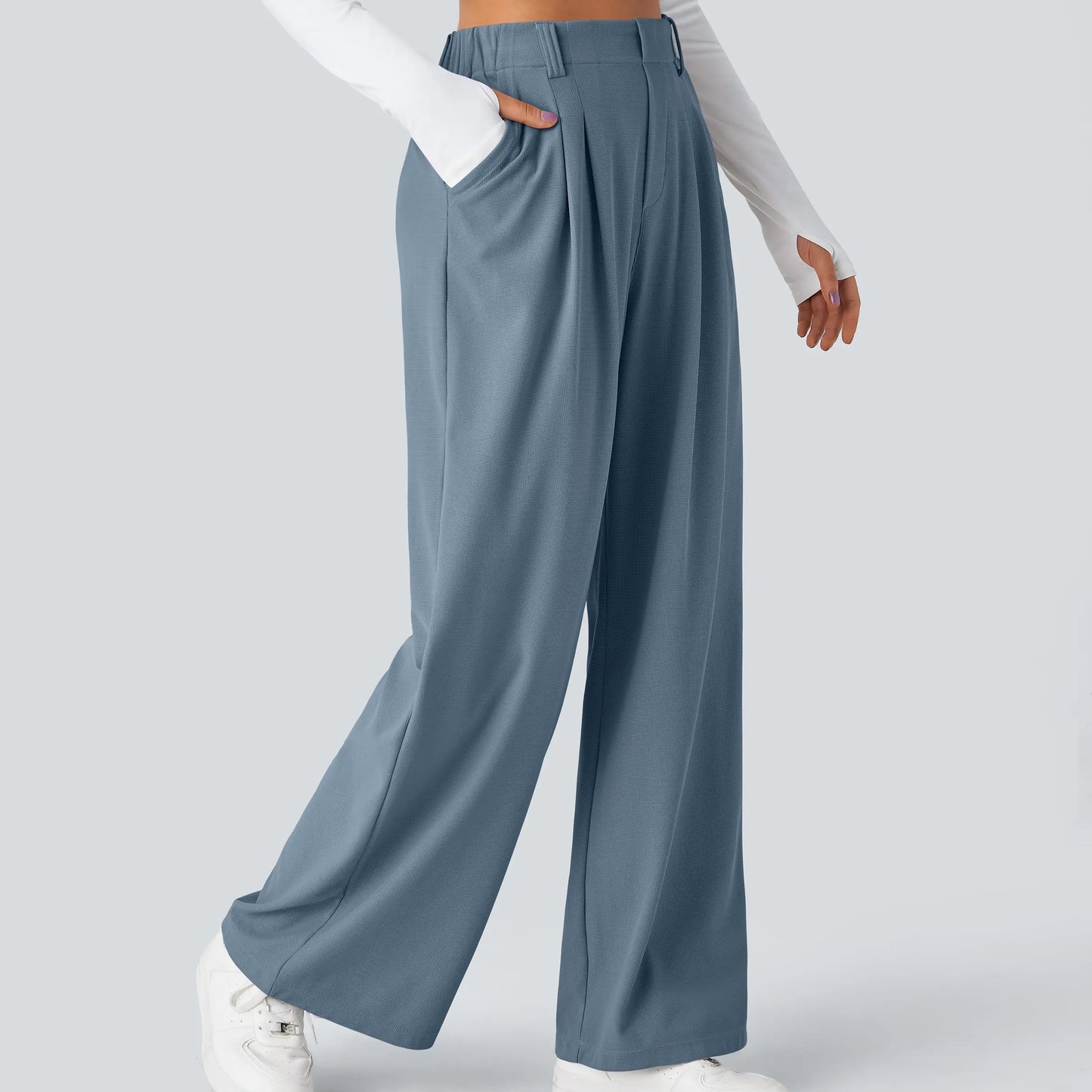 High Waisted Pocket Wide Leg Waffle Work Pants