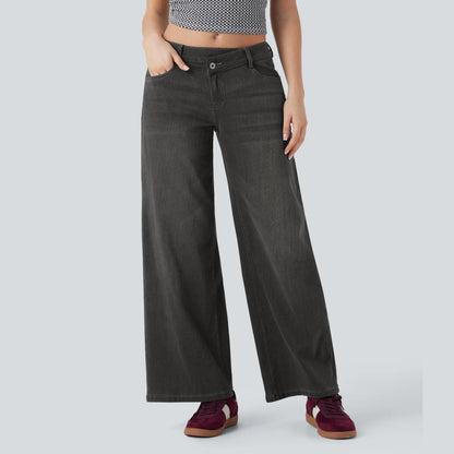 Asymmetric Low Rise Zipper Pockets Baggy Wide Leg Washed Casual Jeans