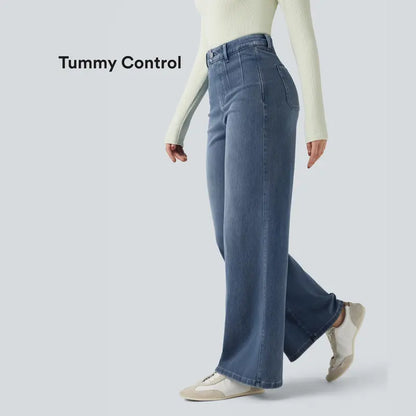 Waisted Tummy Control Wide Leg Casual Jeans with Pockets