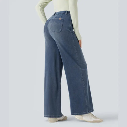 Waisted Tummy Control Wide Leg Casual Jeans with Pockets