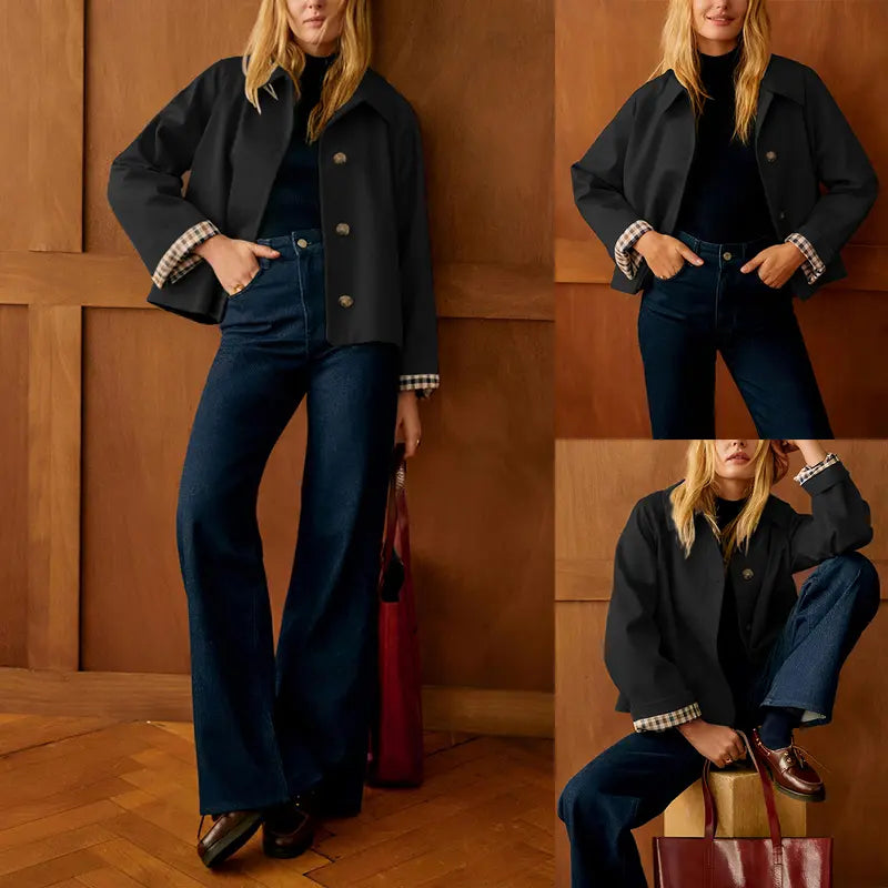 Back‑to‑School, Women's Cropped Trench Coat, Classic Collar, Oversized Casual Jacket with Checkered Lining