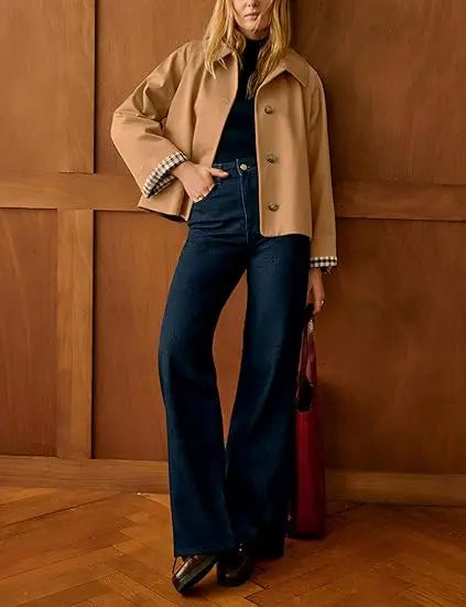 Back‑to‑School, Women's Cropped Trench Coat, Classic Collar, Oversized Casual Jacket with Checkered Lining