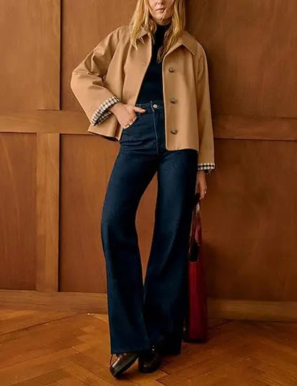 Back‑to‑School, Women's Cropped Trench Coat, Classic Collar, Oversized Casual Jacket with Checkered Lining
