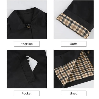 Back‑to‑School, Women's Cropped Trench Coat, Classic Collar, Oversized Casual Jacket with Checkered Lining