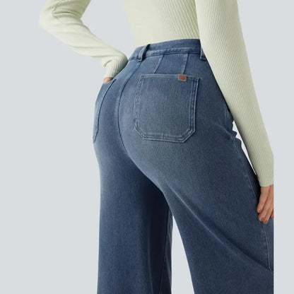 Waisted Tummy Control Wide Leg Casual Jeans with Pockets
