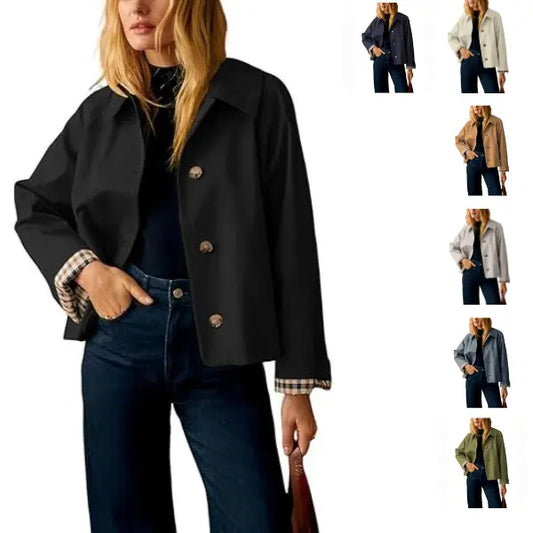 Back‑to‑School, Women's Cropped Trench Coat, Classic Collar, Oversized Casual Jacket with Checkered Lining