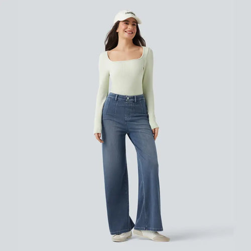 Waisted Tummy Control Wide Leg Casual Jeans with Pockets