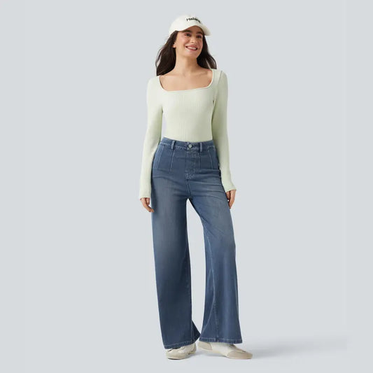 Waisted Tummy Control Wide Leg Casual Jeans with Pockets